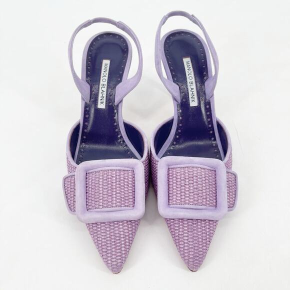 Manolo Blahnik Mayslibi Lilac Raffia Slingback Buckle Pointed Toe Heels IT 38.5 - Picture 6 of 12